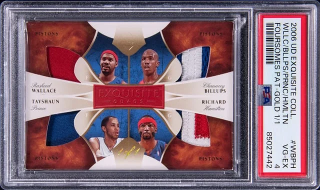 2006-07 Upper Deck Exquisite Collection Rasheed Wallace/Tayshaun Prince/Chauncey Billups/Richard Hamilton Game-Used Foursomes Patch Gold #WBPH card image