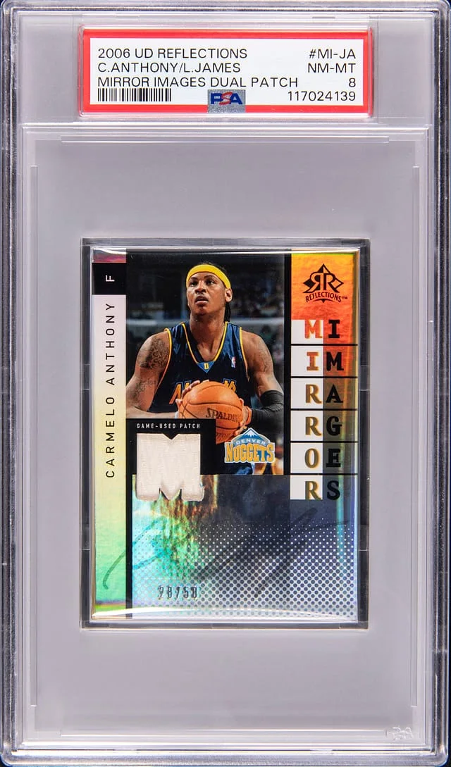 2006-07 Upper Deck LeBron James/Carmelo Anthony Game-Used Reflections Mirror Images Dual Patch #MI-JA card image