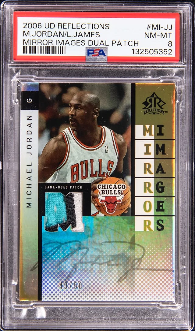 2006-07 Upper Deck Michael Jordan/LeBron James Game-Used Reflections Mirror Images Dual Patch #MI-JJ card image