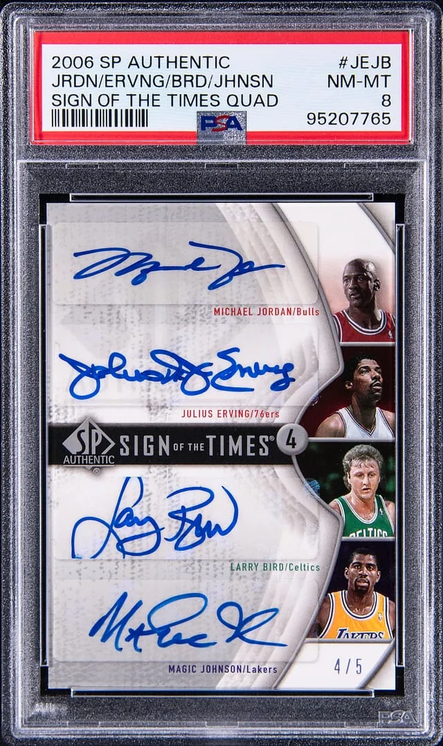 2006-07 Upper Deck SP Authentic Michael Jordan/Julius Erving/Larry Bird/Magic Johnson Multi-Signed Sign Of The Times Quad #SQ-JEJB card image