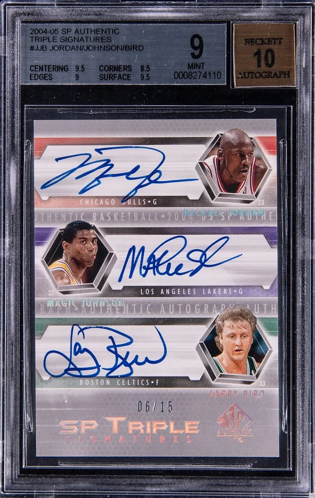 2006-07 Upper Deck SP Authentic Michael Jordan/Magic Johnson/Larry Bird Multi-Signed Triple Signatures #SP3-JJB card image