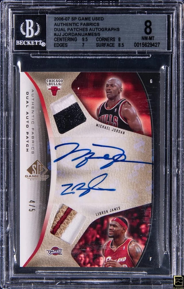 2006-07 Upper Deck SP Game Used Michael Jordan/LeBron James Authentic Fabrics Dual Patches Autographs #AFDA-JJ card image