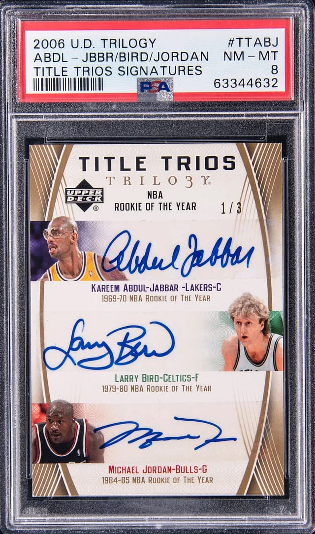 2006-07 Upper Deck Trilogy Kareem Abdul-Jabbar/Larry Bird/Michael Jordan Multi-Signed Title Trios Signatures #TT-ABJ card image