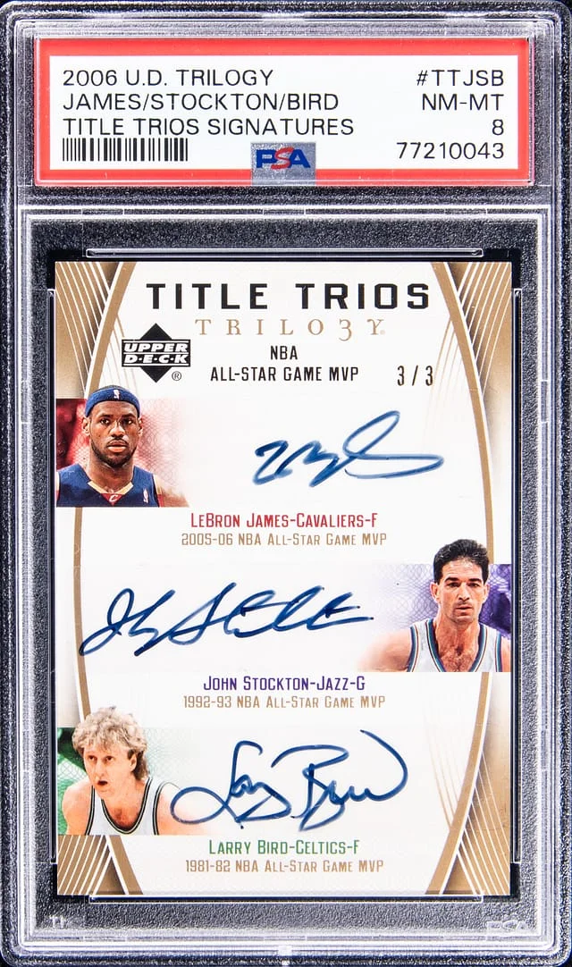 2006-07 Upper Deck Trilogy LeBron James/John Stockton/Larry Bird Multi-Signed Title Trios Signatures #TT-JSB card image