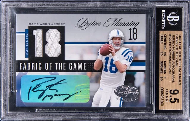 2006 Leaf Certified Materials Peyton Manning Fabric Of The Game Jerey Number Autographs #120 card image