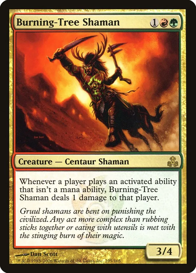 2006 Guildpact Burning-Tree Shaman rare #105 rare card image