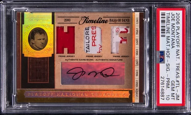 2006 Panini Playoff Joe Montana National Treasures Timeline Material HOF Signature #TL-JM card image