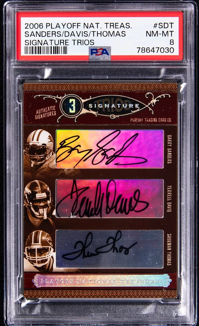 2006 Playoff Barry Sanders/Terrell Davis/Thurman Thomas Multi-Signed Signature Trios #SDT card image