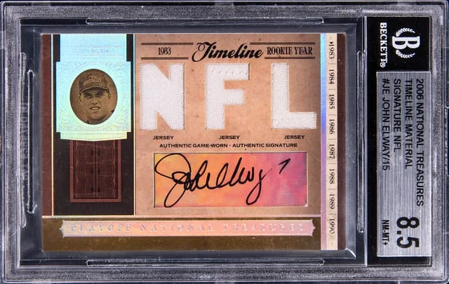 2006 Playoff John Elway National Treasures Timeline Material Signature #JE card image