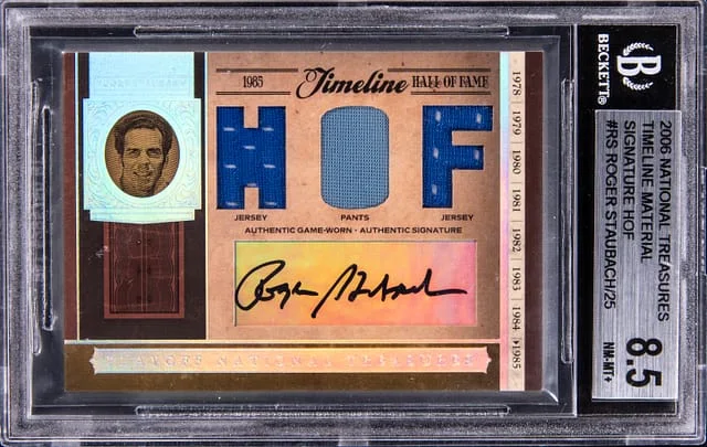 2006 Playoff Roger Staubach National Treasures Timeline Material Signature #RS card image