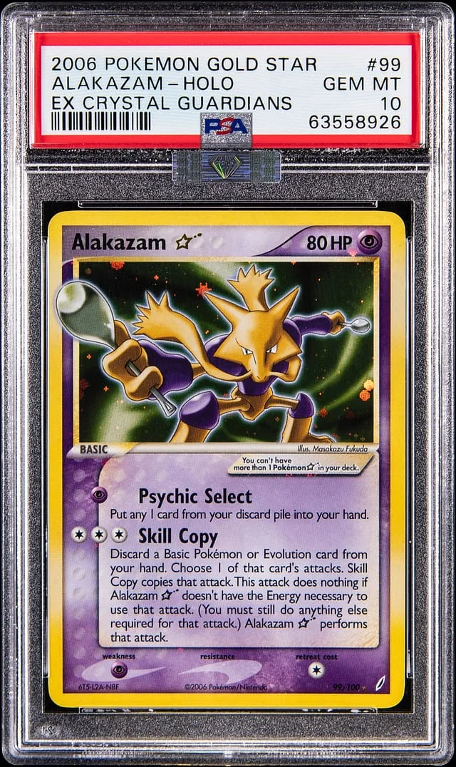 2006 Pokemon EX Crystal Guardians Gold Star Holo Alakazam #99 card image