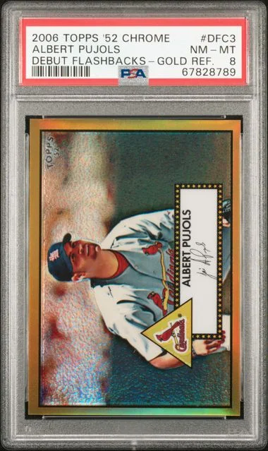 2006 Topps Albert Pujols 52 Chrome Debut Flashbacks Gold Refractor #DFC3 card image