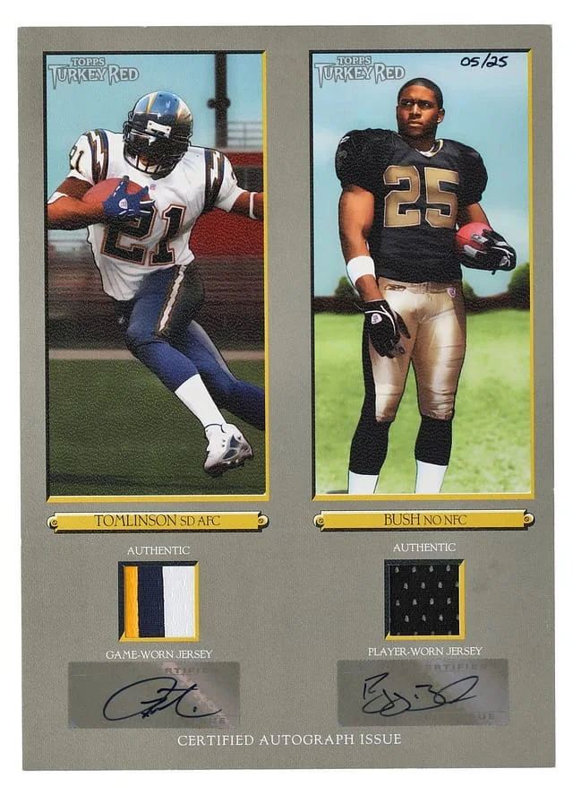 2006 Topps LaDainian Tomlinson/Reggie Bush Turkey Red Jumbo Jersey Dual Autographs #TRARD-TB card image