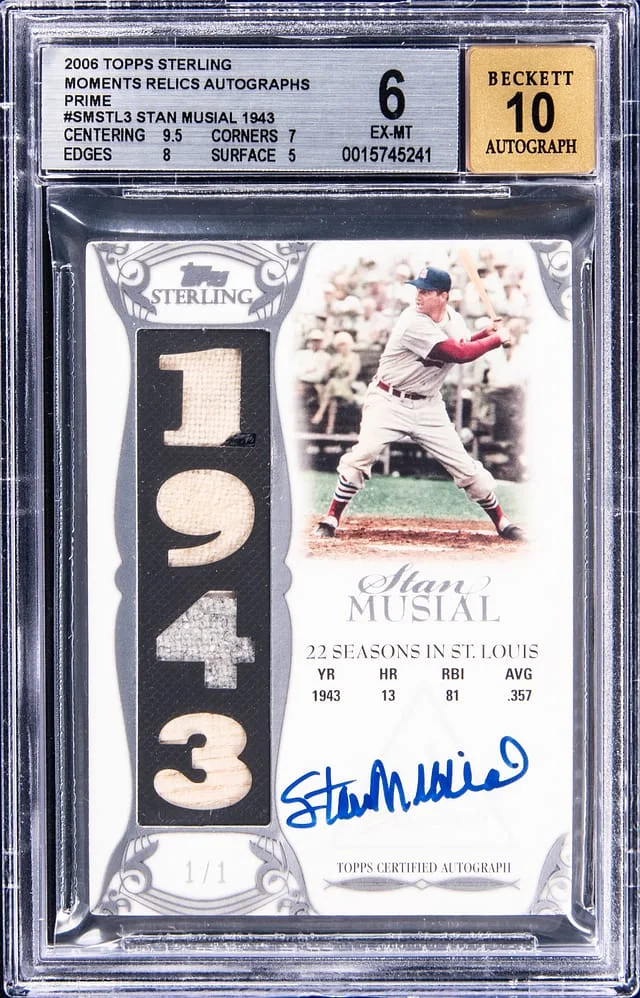 2006 Topps Sterling Stan Musial Moments Relics Autographs Prime #SM-STL3 card image
