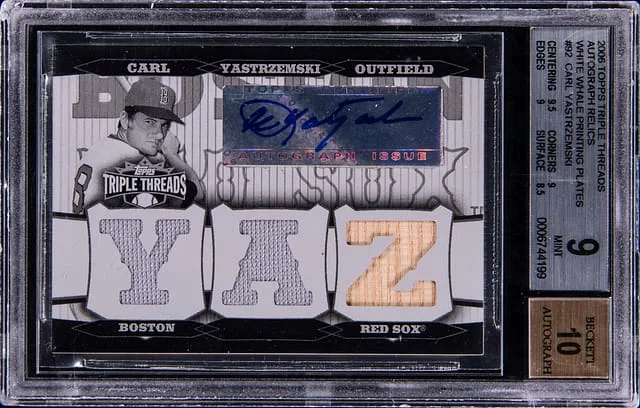 2006 Topps Triple Threads Carl Yastrzemski Autograph Relics White Whale Printing Plates #92 card image