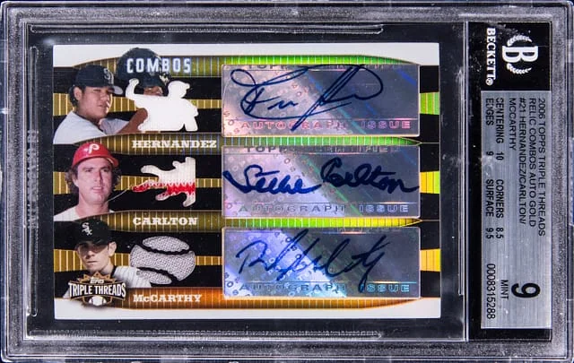 2006 Topps Triple Threads Hernandez/Carlton/McCarthy Multi-Signed Relic Combo Autographs Gold #21 card image
