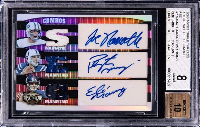 2006 Topps Triple Threads Joe Namath/Peyton Manning/Eli Manning Multi-Signed Autograph Relic Combos Red #7 card image