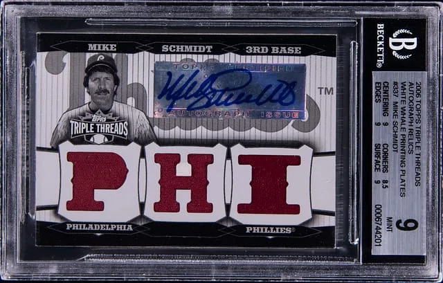 2006 Topps Triple Threads Mike Schmidt Autograph Relics White Wale Printing Plates #337 card image