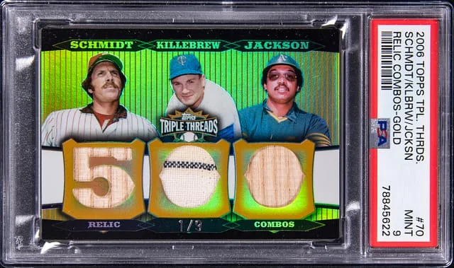 2006 Topps Triple Threads Mike Schmidt/Harmon Killebrew/Reggie Jackson Multi-Relic Relic Combos Gold #TTRC-70 card image