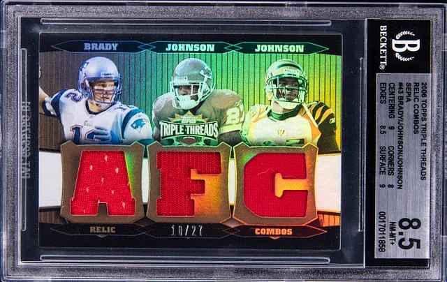 2006 Topps Triple Threads Tom Brady/Chad Johnson/Larry Johnson Triple-Relic Relic Combos Sepia #43 card image