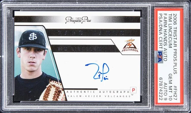 2006 Tristar Prospects Plus Farm Hands Autograph Tim Lincecum #FH27 card image