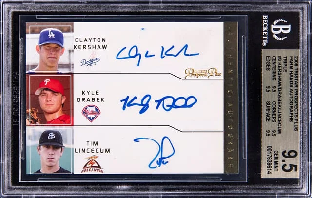 2006 Tristar Prospects Plus Farm Hands Autographs Triple Clayton Kershaw/Kyle Drabek/Tim Lincecum Multi-Signed #FH-KDL card image
