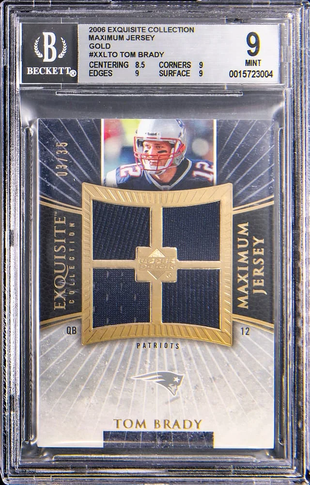 2006 Upper Deck Exquisite Collection Tom Brady Game-Used Maximum Jersey Gold #XXL-TO card image