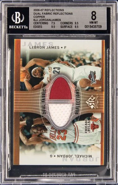 2006 Upper Deck Michael Jordan & LeBron James Reflections Dual Fabric Reflections Copper #JJ card image