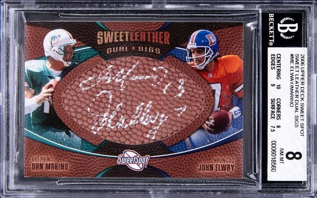 2006 Upper Deck Sweet Spot Dan Marino/John Elway Sweet Leather Dual Sigs #SLDS-MS card image
