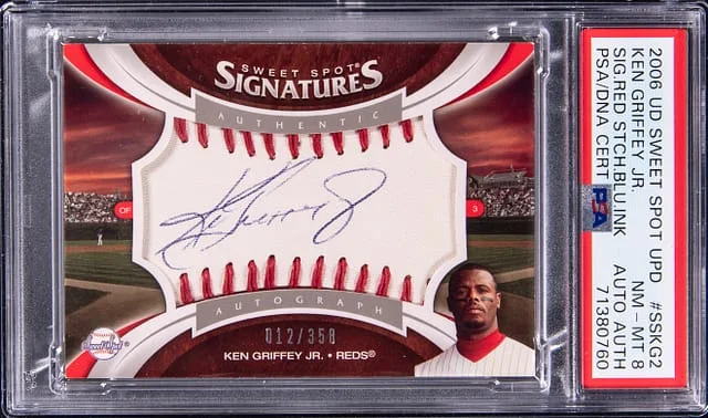 2006 Upper Deck Sweet Spot Update Ken Griffey Jr. Signatures Red Stitch Blue Ink #SSKG2 card image