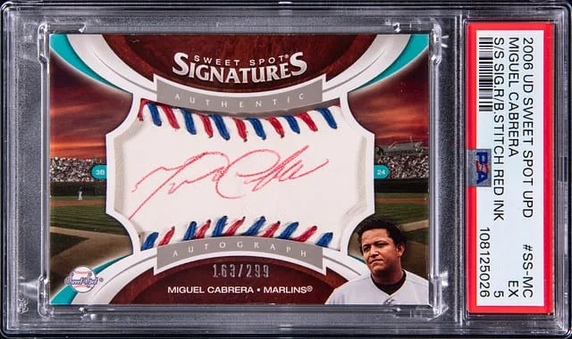 2006 Upper Deck Sweet Spot Update Miguel Cabrera Signatures Red/Blye Stitch Red Ink #SS-MC card image