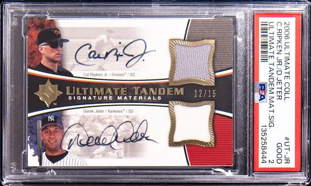 2006 Upper Deck Ultimate Collection Derek Jeter/Cal Ripken Jr. Dual Ultimate Tandem Materials Signatures #UT-JR card image