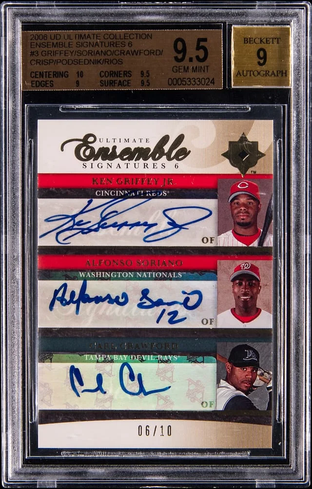 2006 Upper Deck Ultimate Collection Ken Griffey Jr./Alfonso Soriano/Carl Crawford/Coco Crisp/Scott Podsednik/Alex Rios Multi-Signed Ensemble Signatures 6 #UES6-3 card image