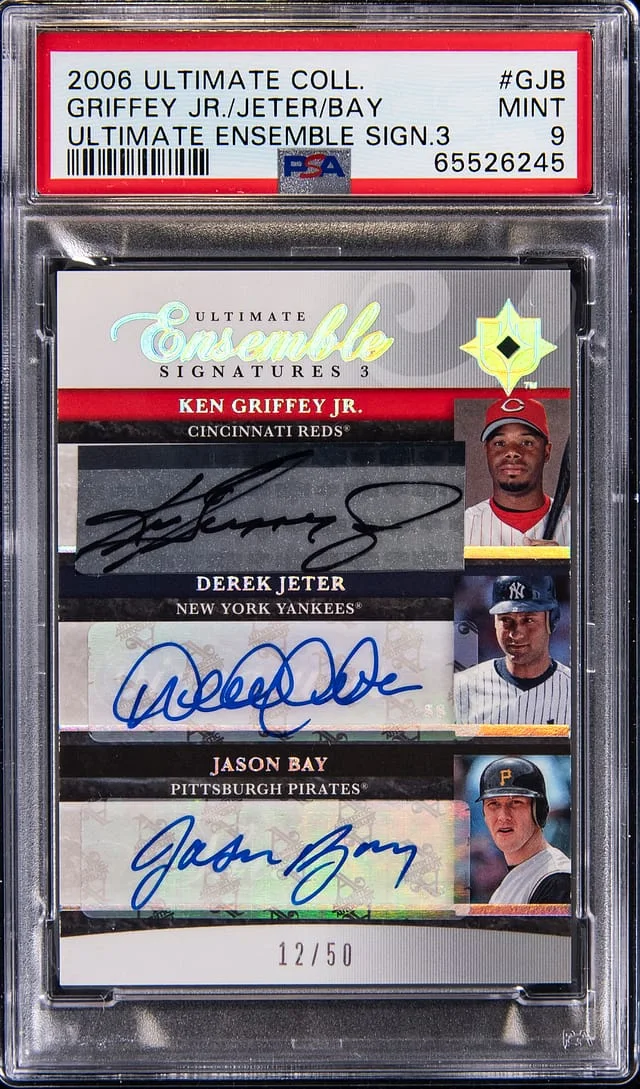 2006 Upper Deck Ultimate Collection Ken Griffey Jr./Derek Jeter/Jason Bay Multi-Signed Ultimate Ensemble Signatures 3 #UES3-GJB card image