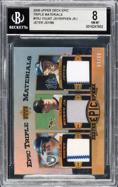 2006 Upper Deck Yount/Ripken Jr./Jeter Game-Used Epic Triple Materials #EM3YRJ card image