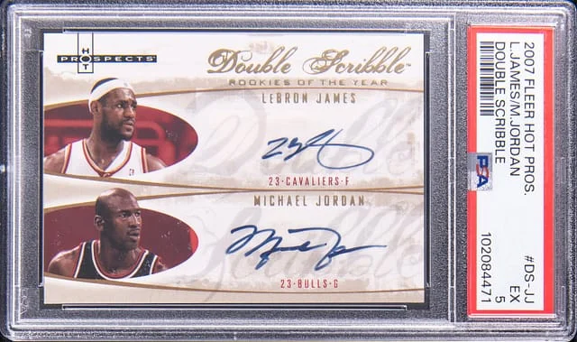 2007-08 Fleer Hot Prospects LeBron James/Michael Jordan Double Scribble #DS-JJ card image