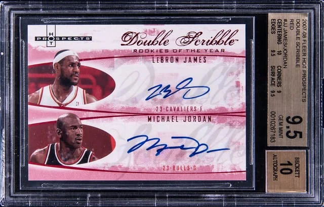 2007-08 Fleer Hot Prospects Michael Jordan/LeBron James Double Scribble Red #DS-JJ card image