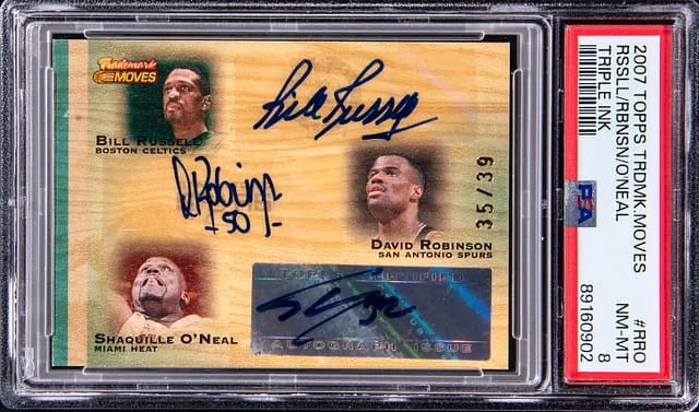 2007-08 Topps Bill Russell/David Robinson/Shaquille O'Neal Multi-Signed Trademark Moves Triple Ink #TTI-RRO card image