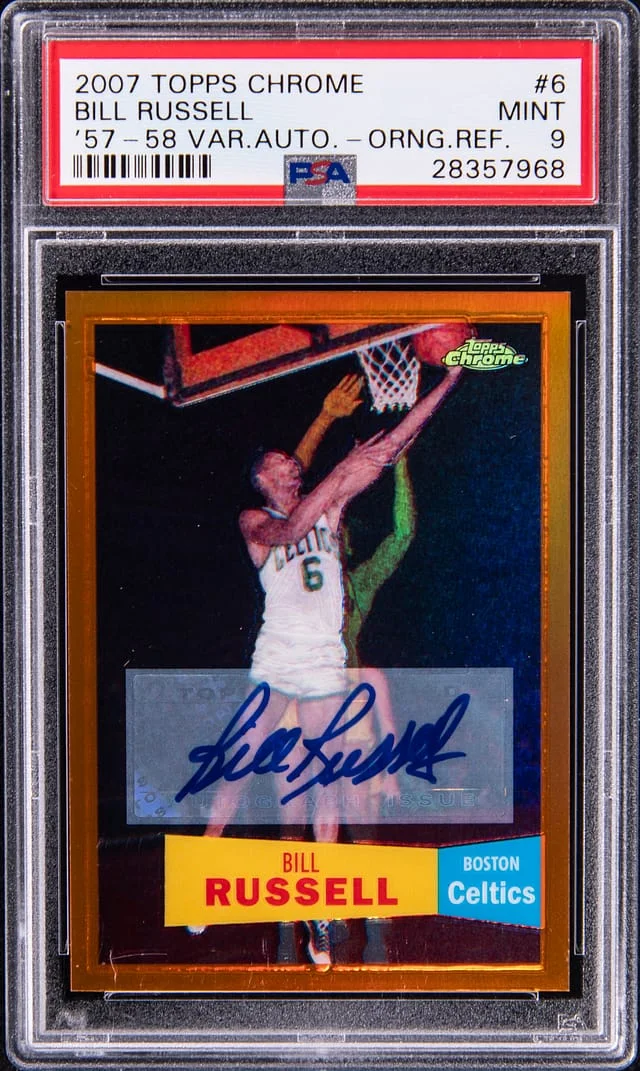 2007-08 Topps Chrome Bill Russell 57-58 Variation Autographs Orange Refractor #6 card image