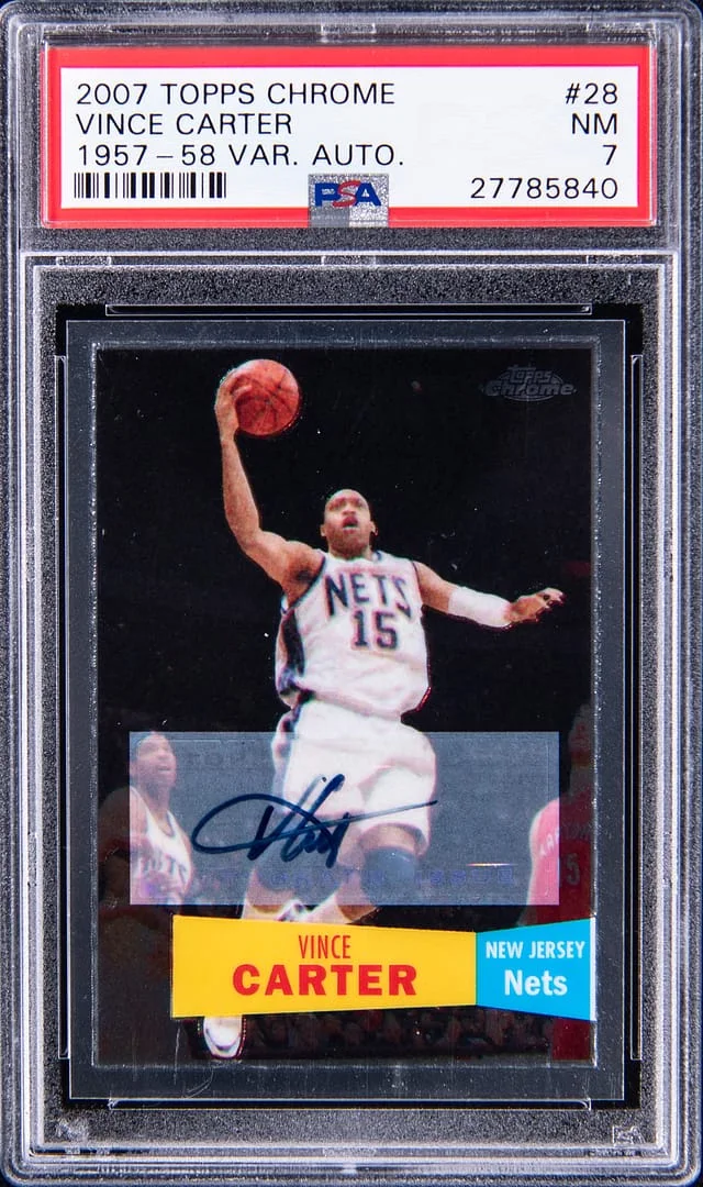 2007-08 Topps Chrome Vince Carter 1957-68 Variation Autograph #28 card image