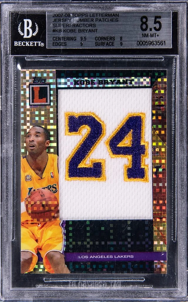 2007-08 Topps Kobe Bryant Letterman Jersey Number Patches SuperFractor #JNP-KB card image