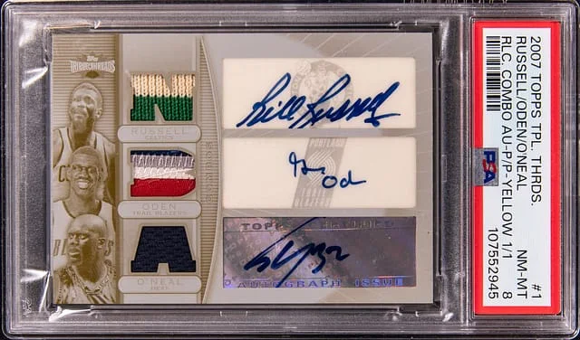 2007-08 Topps Triple Threads Bill Russell/Greg Oden/Shaquille O'Neal Multi-Signed Relic Combo Autograph Printing Plate Yellow #1 card image