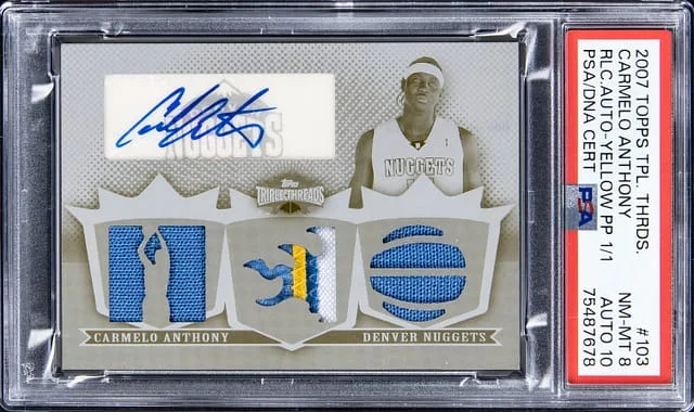 2007-08 Topps Triple Threads Carmelo Anthony Relic Autograph Yellow Printing Plate #TTRA-103 card image