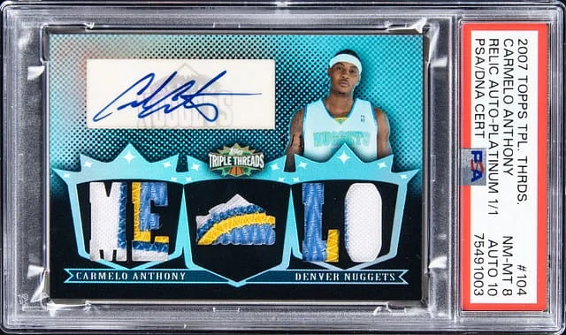 2007-08 Topps Triple Threads Carmelo Anthony Relic Autograph Magenta Printing Plate #TTRA-104 card image