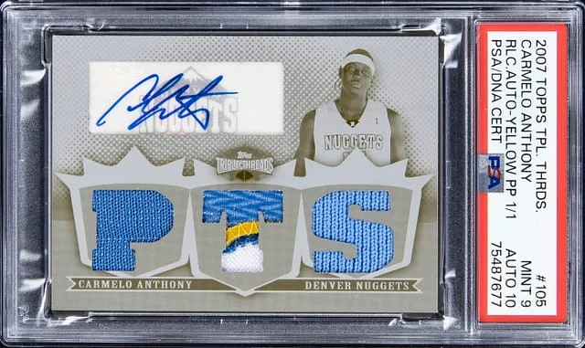 2007-08 Topps Triple Threads Carmelo Anthony Relic Autograph Platinum #TTRA-105 card image