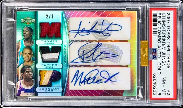 2007-08 Topps Triple Threads Isiah Thomas/Tony Parker/Magic Johnson Multi-Signed Relic Combo Autographs Gold #2 card image