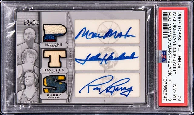 2007-08 Topps Triple Threads Moses Malone/John Havlicek/Rick Barry Multi-Signed Relic Combos Autographs Printing Plate Black #TTCAR6 card image