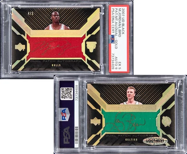 2007-08 UD Black Patch Material Autographs Dual Gold Michael Jordan/Larry Bird #no-number card image