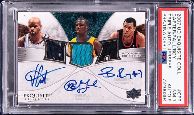 2007-08 UD Exquisite Collection Triple Autograph Jerseys Vince Carter, Chris Paul, Brandon Roy Triple #CPR card image