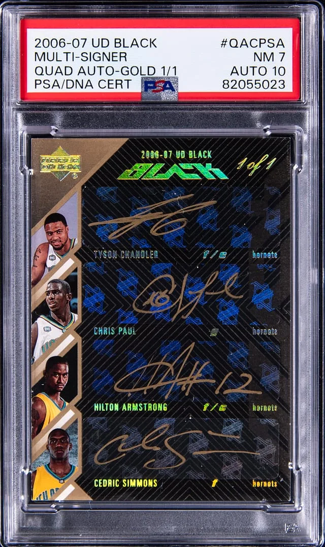 2007-08 Upper Deck Black Chris Paul/Tyson Chandler/Hilton Armstrong/Cedric Simmons Multi-Signed Quad Autographs Gold #QA-CPSA card image